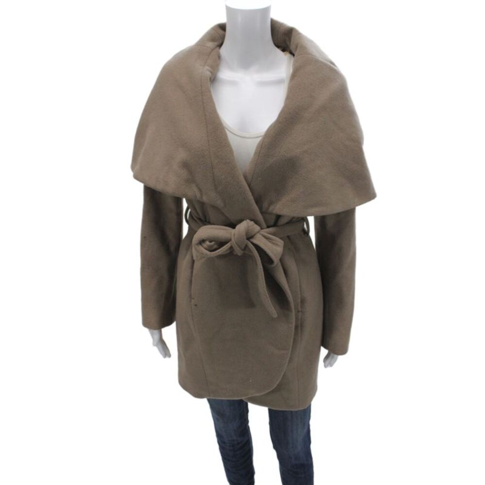 T Tahari Women Overcoat Wool Beige Tie Waist Long Sleeve Size L